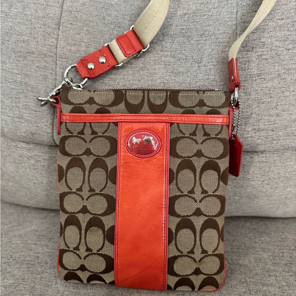 Coach Signature Crossbody with Red/Orange Accent
